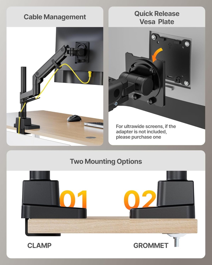 monTEK Monitor Mount 1 Monitor for 17-57" monitors, up to 27kg, extended arm, extreme load capacity, with USB-C, for gaming monitors