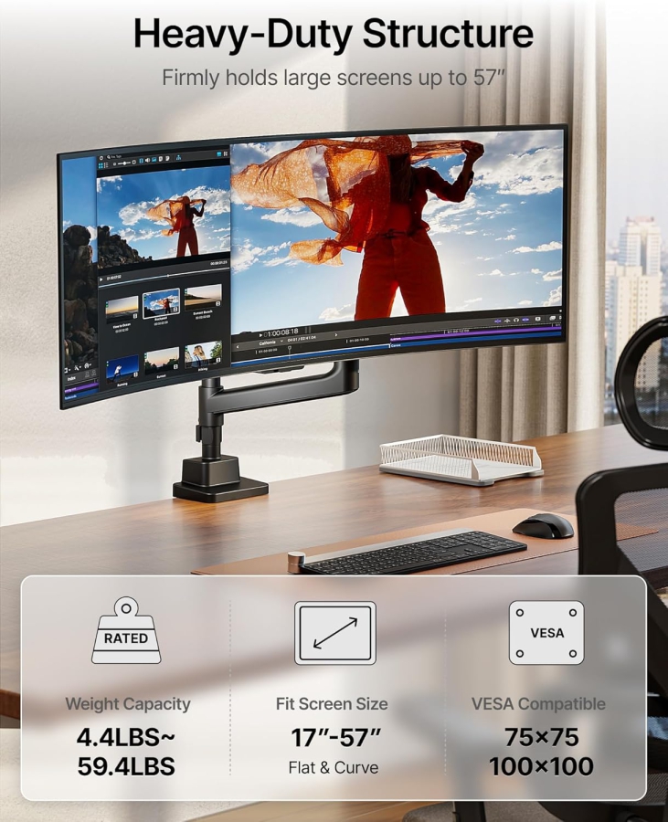 monTEK Monitor Mount 1 Monitor for 17-57" monitors, up to 27kg, extended arm, extreme load capacity, with USB-C, for gaming monitors