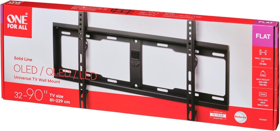 One for All Flat TV Wall Mount for 32-90 Inch TVs (WM4611) (Extremely robust Solid Series mount (up to 100 kg) – Only 25 mm wall clearance – VESA up to 600x400.)