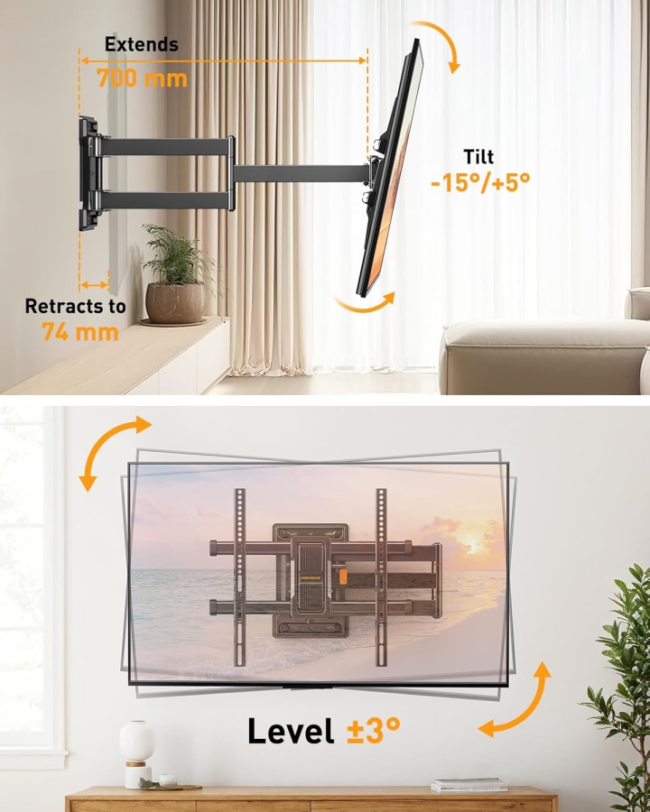 Perlegear Extra Long TV Wall Mount 70cm Extension for 32-65 Inch (Max. 60 kg) (Full Motion Corner Mount with 700mm Arm – ±90° Swivel, Tilt & VESA 400x400.)