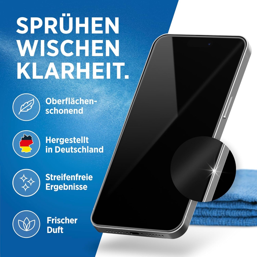 PRINOX Screen Cleaner Set 250ml with Microfiber Cloth & Brush (Made in Germany: Streak-Free Care for LCD, OLED & VESA Monitors – Removes Grease & Fingerprints.)