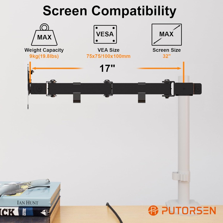 PUTORSEN Single Monitor Arm for Extension (for 3.5 cm Poles) – Stand Not Included (Add-on Arm for existing monitor stands – VESA 75/100, up to 9 kg load & Full Motion.)