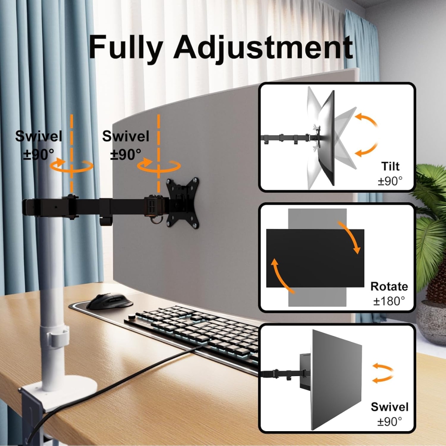 PUTORSEN Single Monitor Arm for Extension (for 3.5 cm Poles) – Stand Not Included (Add-on Arm for existing monitor stands – VESA 75/100, up to 9 kg load & Full Motion.)