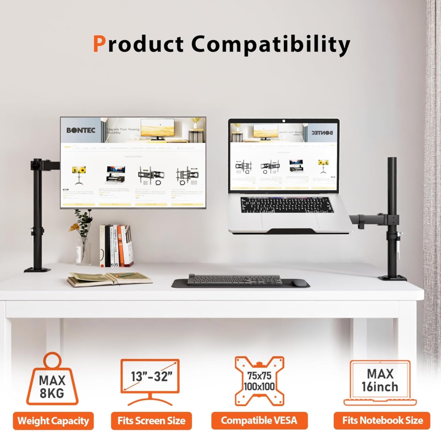 Redbat monitor arm with ventilated laptop tray, fully adjustable for 13 to 32 inch LCD LED screens & up to 16 inch notebooks, 2 mounting options, tilt, swivel & rotate