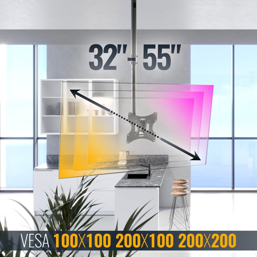 RICOO Monitor & TV Ceiling Mount (D0322) for 32–55 Inches (Flexible Ceiling Mount: Swivel, Tilt & Height Adjustable up to 20 kg – VESA max. 200x200 mm)