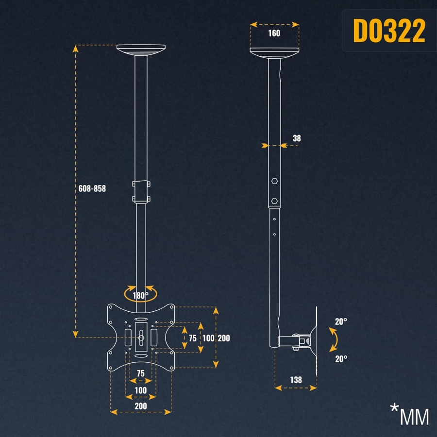 RICOO Monitor & TV Ceiling Mount (D0322) for 32–55 Inches (Flexible Ceiling Mount: Swivel, Tilt & Height Adjustable up to 20 kg – VESA max. 200x200 mm)