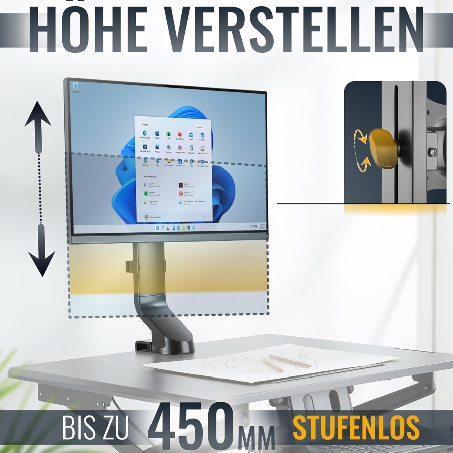 RICOO Monitor Arm 13–32" | Height Adjustable (Robust Monitor Stand with Desk Clamp for Displays up to 7 kg – Height Adjustable & Rotatable)