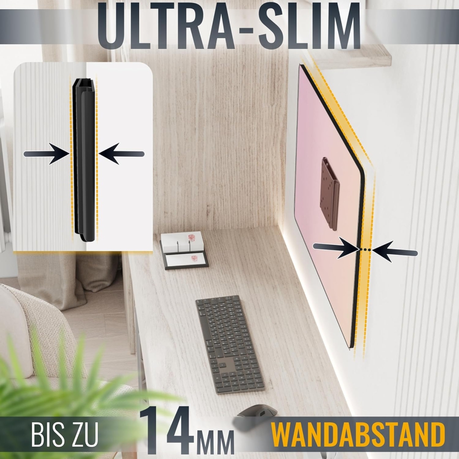 RICOO Monitorhalterung Wall F0311 for 13-34 Inch – Fixed & Slim (14mm Depth), VESA 75/100, up to 30kg (Ultra-slim wall mount for PC monitors: Minimalist design, maximum stability, and easy installation.)