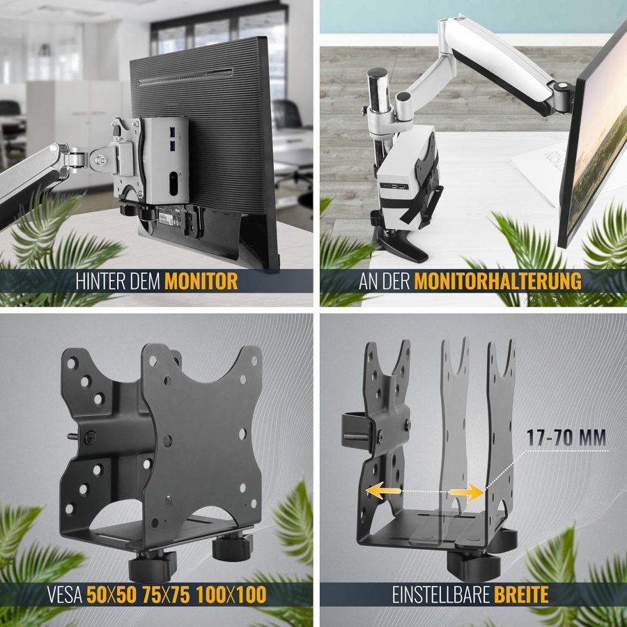 RICOO Universal Mini PC Mount (TRH-01) for VESA, Wall & Under-Desk (Adjustable Steel Holder for Thin Clients & Intel NUC (17–70 mm) up to 5 kg – Incl. Safety Strap)