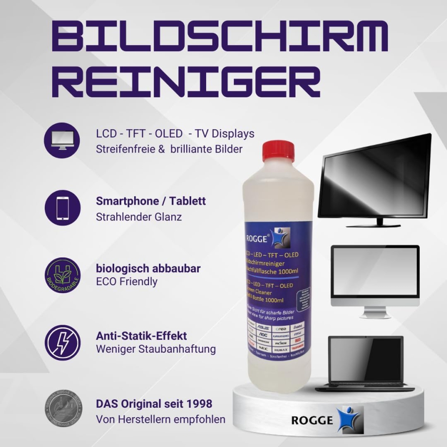 ROGGE 1l Screen Cleaner Refill Bottle – The Original since 1998 for all Displays (Streak-Free Professional Cleaning for Monitors, TV & Glass – Gentle, Economical & No Aggressive Ingredients.)