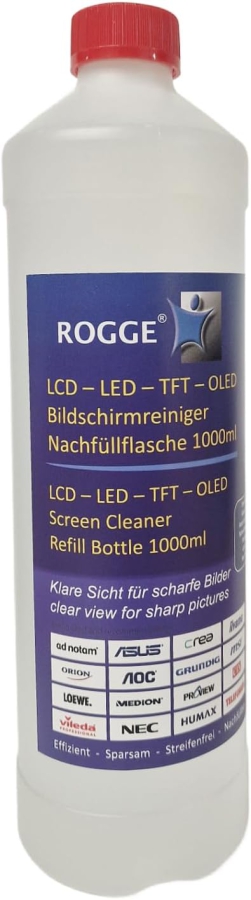 ROGGE 1l Screen Cleaner Refill Bottle – The Original since 1998 for all Displays (Streak-Free Professional Cleaning for Monitors, TV & Glass – Gentle, Economical & No Aggressive Ingredients.)