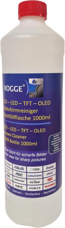 ROGGE 1l Screen Cleaner Refill Bottle – The Original since 1998 for all Displays (Streak-Free Professional Cleaning for Monitors, TV & Glass – Gentle, Economical & No Aggressive Ingredients.)