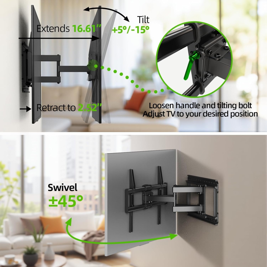 USX-MOUNT TV Wall Mount Swivel & Tilt for 37-90 Inches (up to 68kg) – Extendable Dual Arm, VESA up to 600x400
