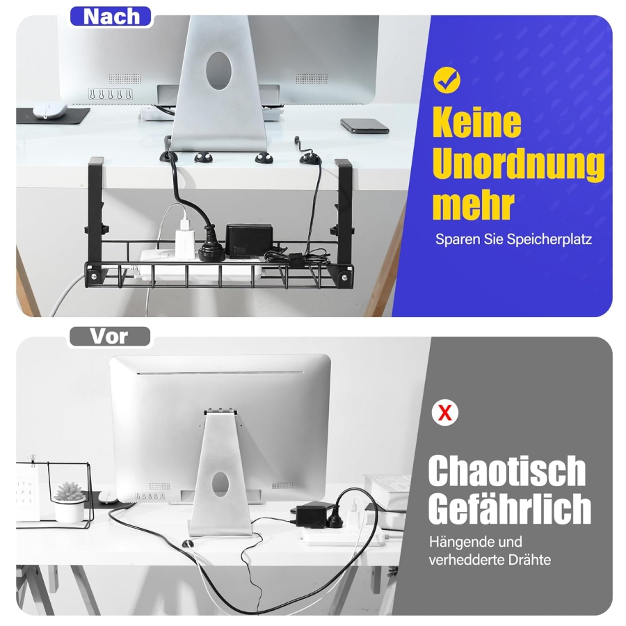 Xpatee Cable Management No Drilling – Clamp-On Desk Cable Tray (Black) (Robust Metal Cable Tray (40 cm) with C-Clamps – No Screwing Needed – For Tabletops 1–6 cm Thick – Incl. Accessories.)