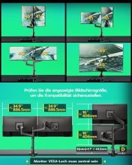 ARES WING monitor mount for 2 monitors on top of each other for 17-49 inch flat & curved screens, dual monitor mount with gas spring and USB A/C port, height adjustable, weight 2-20 kg/arm, VESA 75 & 100