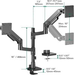ARES WING monitor mount for 2 monitors on top of each other for 17-49 inch flat & curved screens, dual monitor mount with gas spring and USB A/C port, height adjustable, weight 2-20 kg/arm, VESA 75 & 100